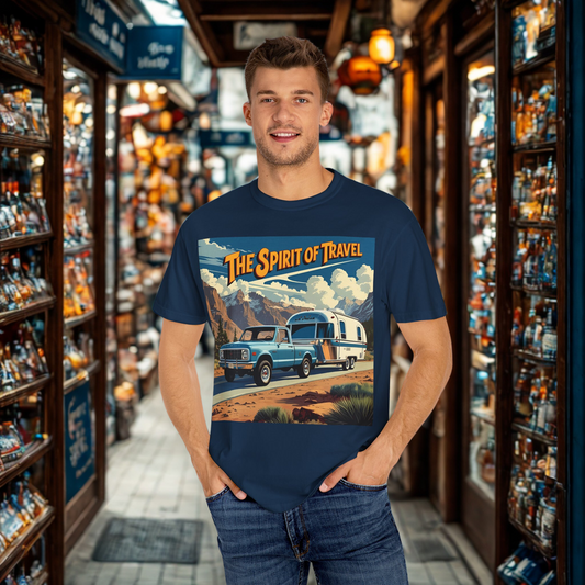 Classic Truck & Trailer RV Travel T-Shirt - The Spirit of Travel Graphic Tee, Adventure Shirt, Road Trip Apparel, Gift for Travelers, Camping Clothing